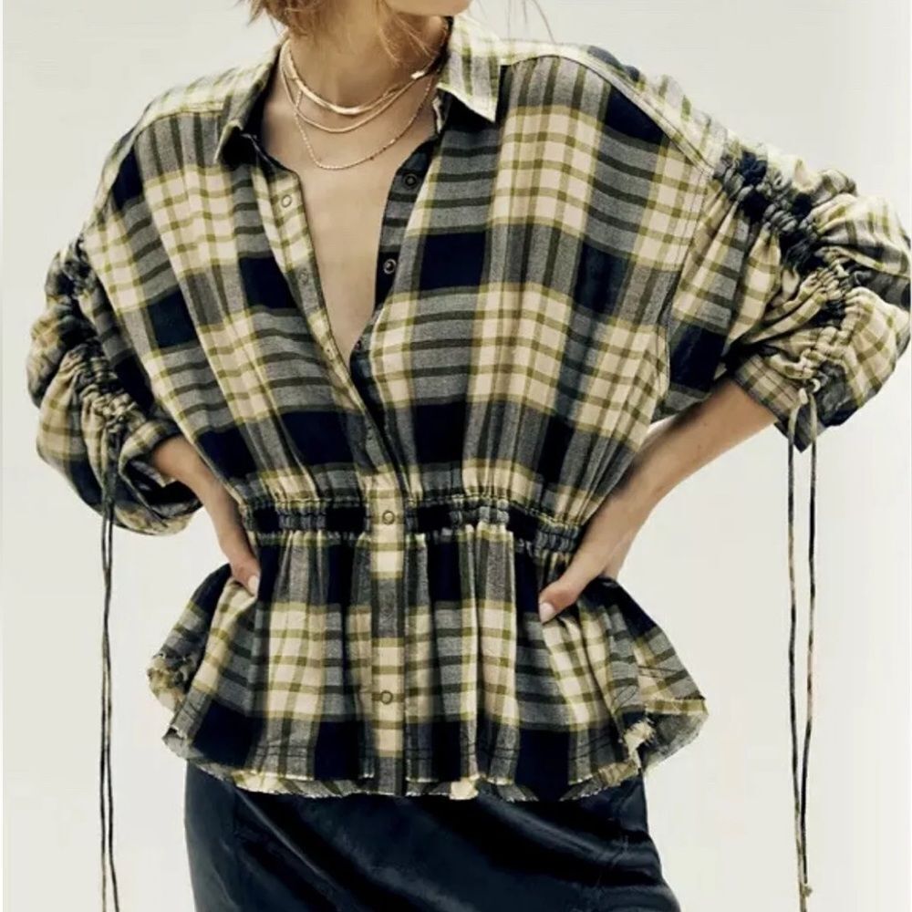 WE THE FREE PEOPLE Top XS Pacific Dawn Plaid Shirt Black Light Olive Green Combo